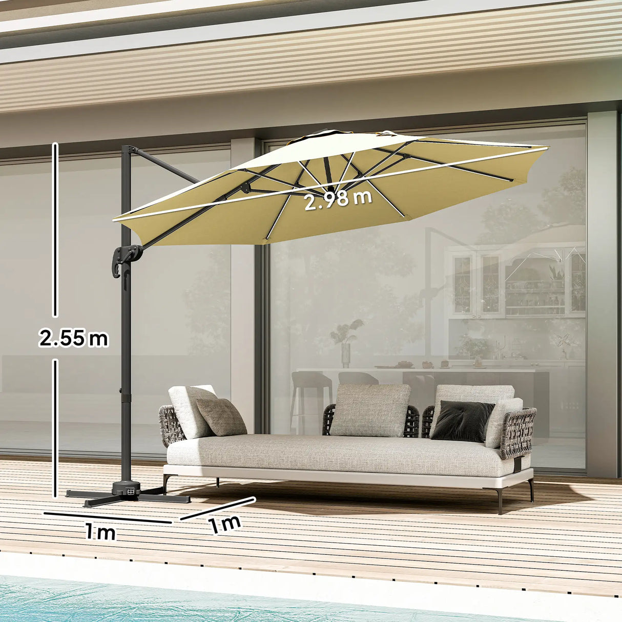 Outsunny 3(m) Adjustable Cantilever Parasol with Base, Solar LED Lights, Khaki