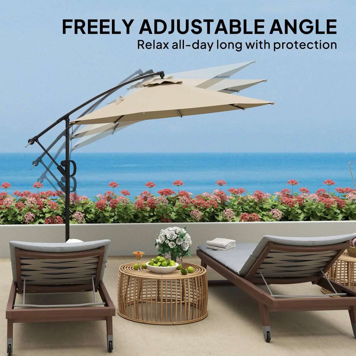 Outsunny 3(m) Garden Cantilever Parasol with Cover and Wind Protection Strap, Round Overhanging Umbrella with Crank Handle and Tilt, Banana Patio Umbrella for Outdoor Sun Shade, UPF50+, Khaki