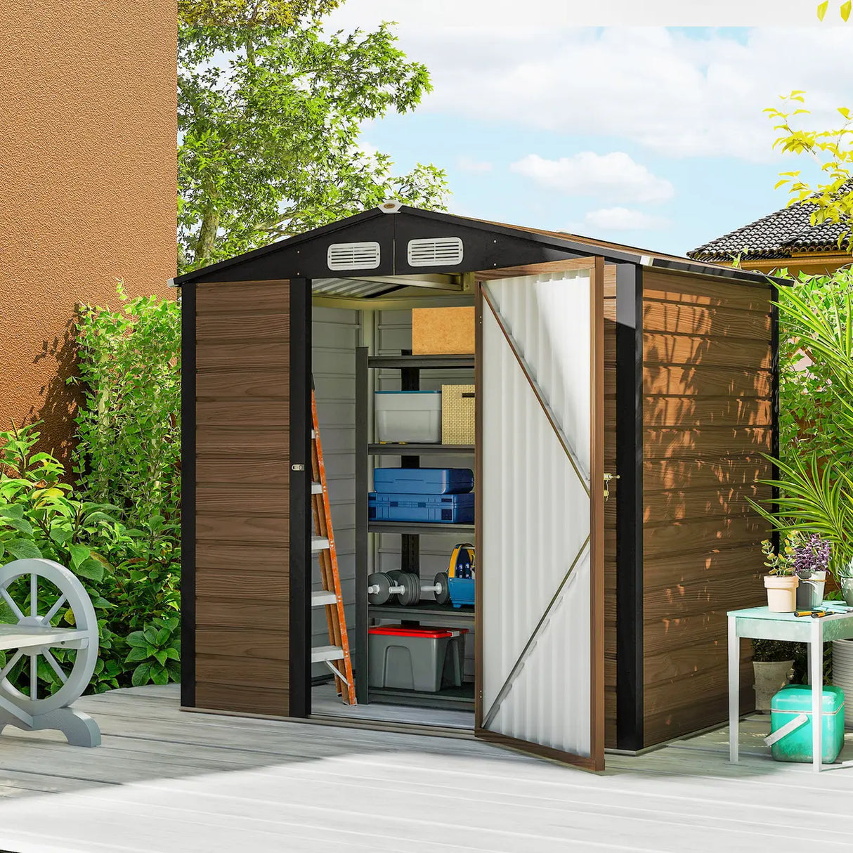Outsunny 4 x 6ft Galvanised Steel Garden Shed, with Lock and Gloves - Oak
