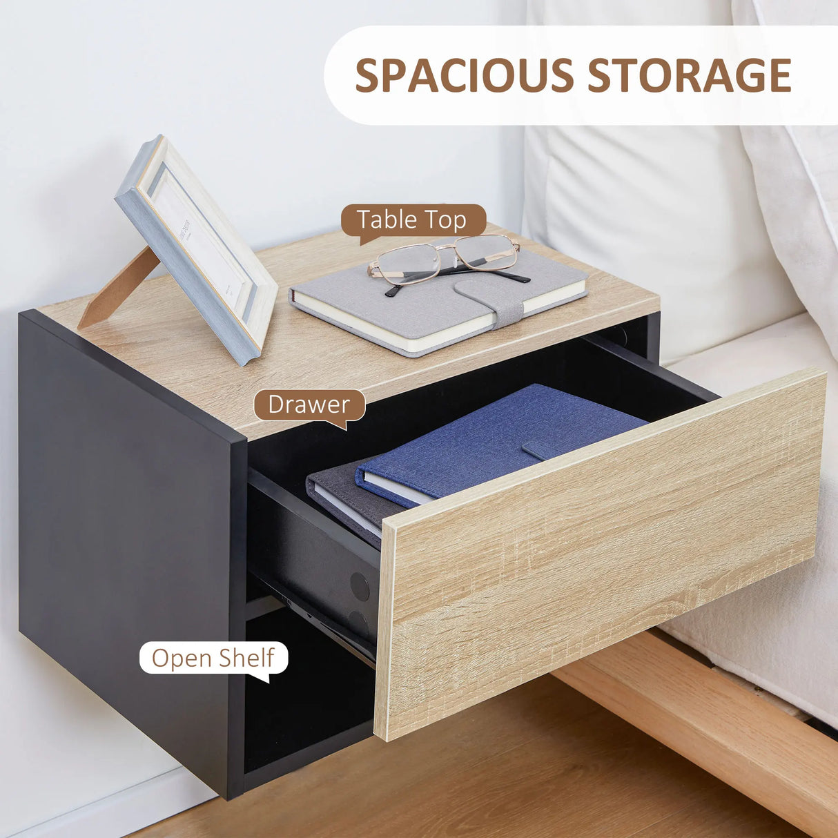 HOMCOM Floating Bedside Table Set of 2, Wall Mounted Bedside Cabinet with Drawer and Open Shelf, Modern Nightstand for Bedroom, 46 x 30 x 30 cm, Oak Tone