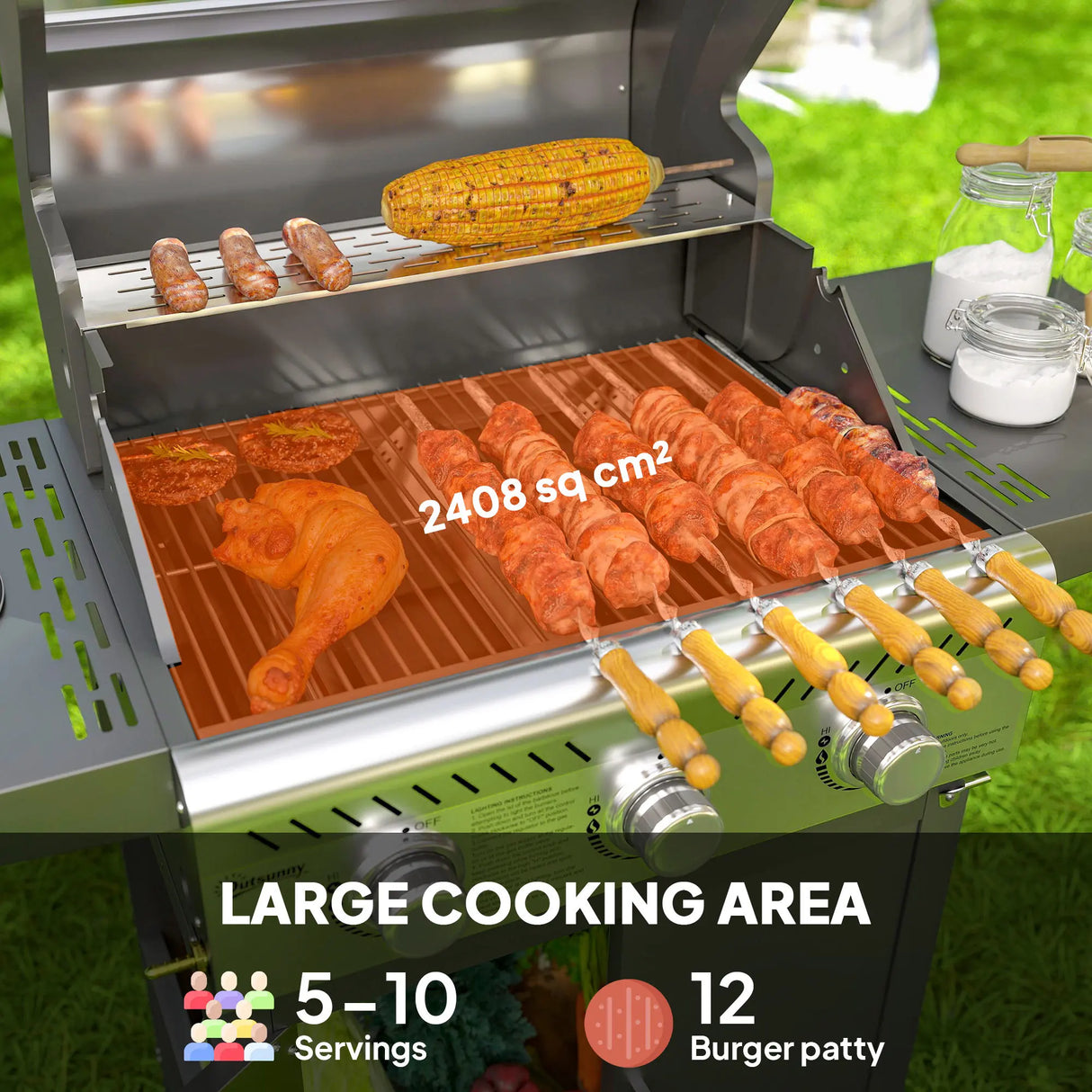 Outsunny 7.5kW Three-Burner Gas BBQ Grill, with See-Through Lid - Black