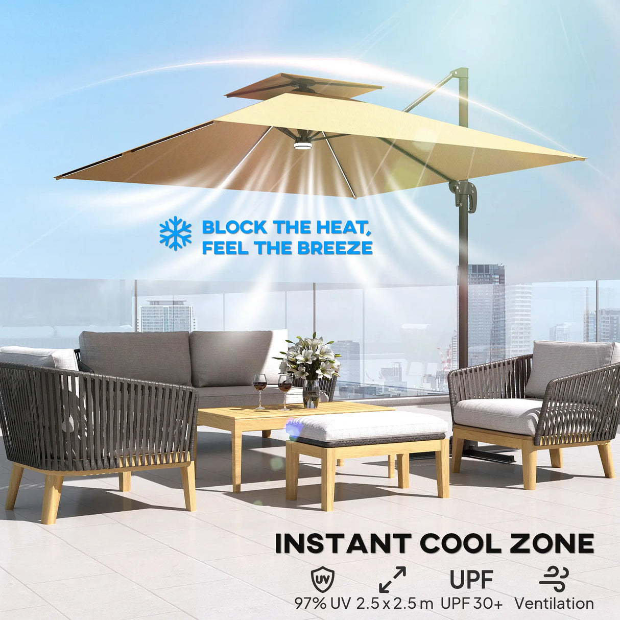 Outsunny 2.5m Cantilever Parasol with Solar Powered LED Lights, 360 Rotation, Tilt Adjustment, Crank Handle, Khaki