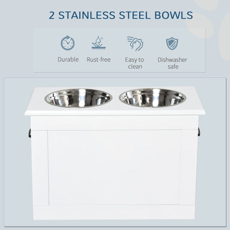 PawHut Raised Dog Bowls, with Storage, Two Stainless Steel Bowls, Elevated Base - White