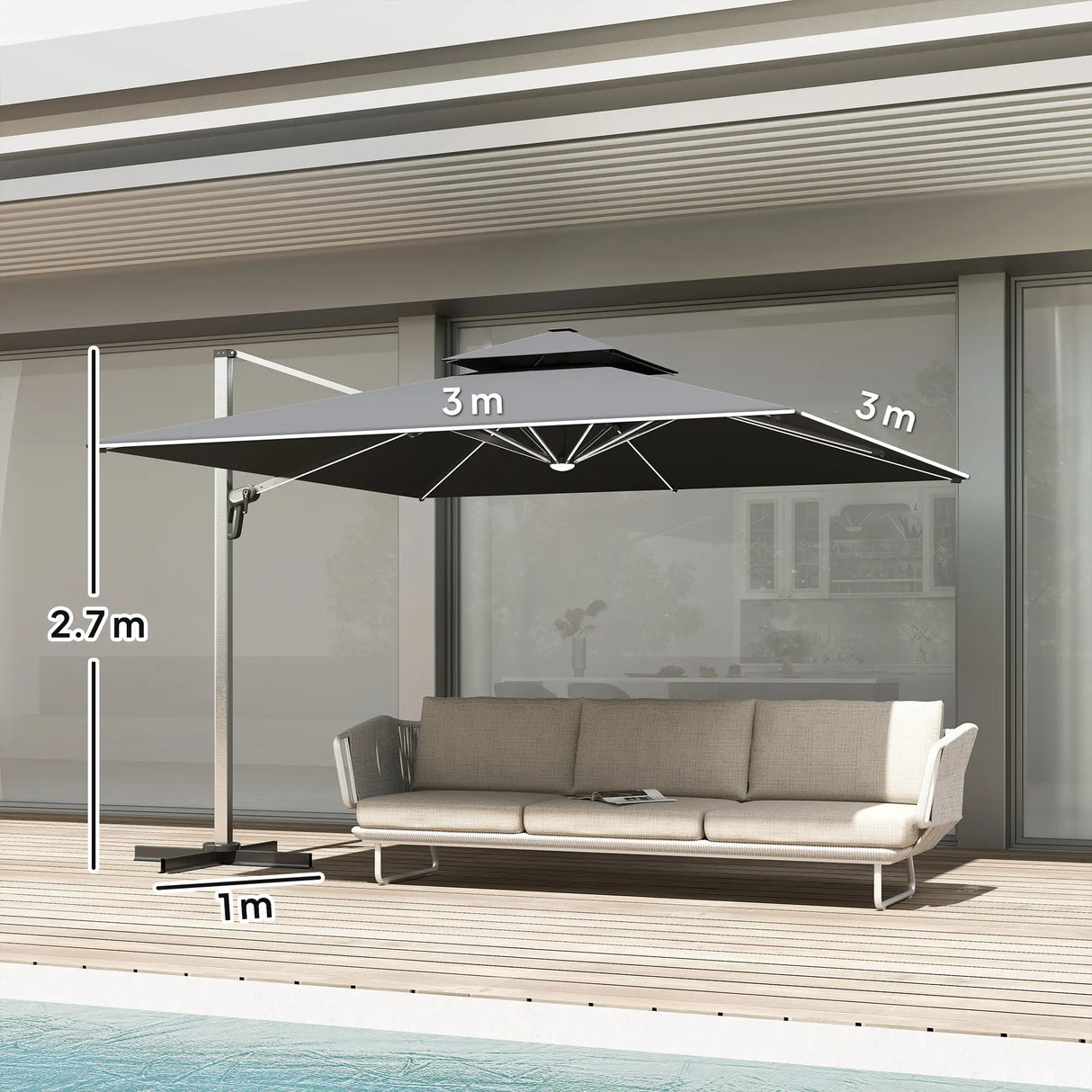 Outsunny 3(m) Garden Cantilever Parasol with Solar LED Lights, Cross Base, 360 Rotation, Crank Handle and Tilt, Grey