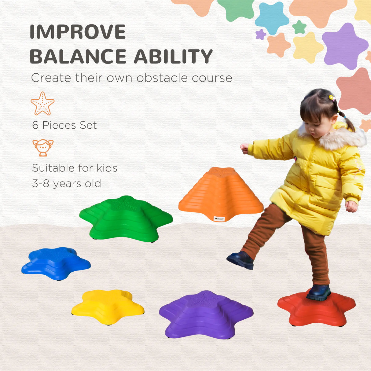Outsunny Balance Stepping Stones Kids, 6-Piece Starfish Style Non-slip Obstacle Course, Stackable Balance Blocks, Garden Sensory Toys for Toddler 3-8 Years, Indoor Outdoor, Multicoloured