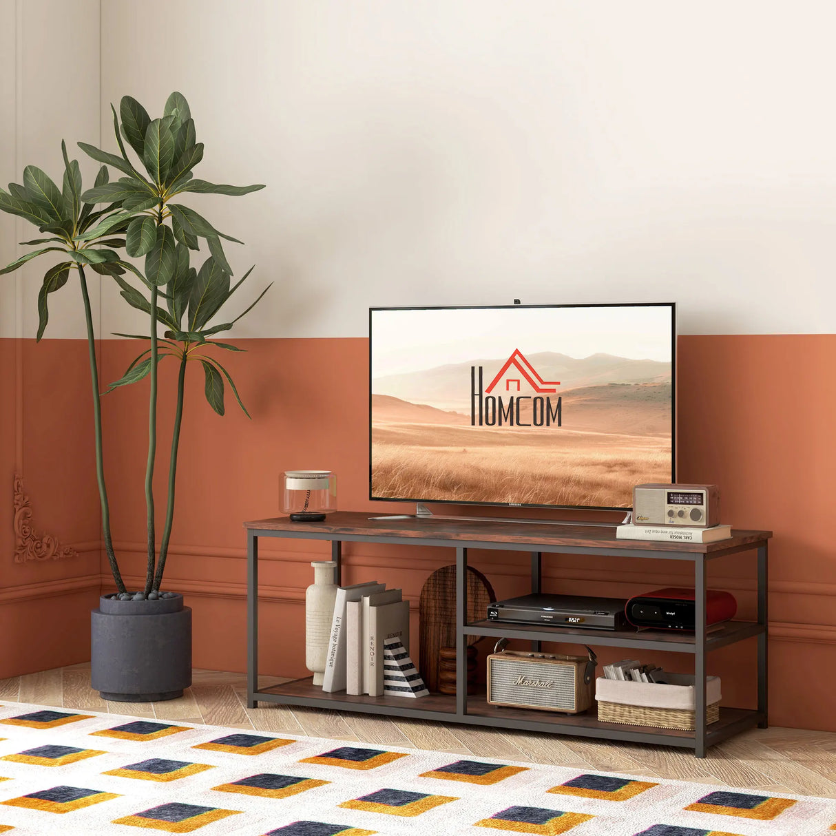 HOMCOM TV Unit for 55 inch TVs, Industrial TV Table with 2 Storage Shelves and Metal Frame, Entertainment Unit For living Room, Rustic Brown