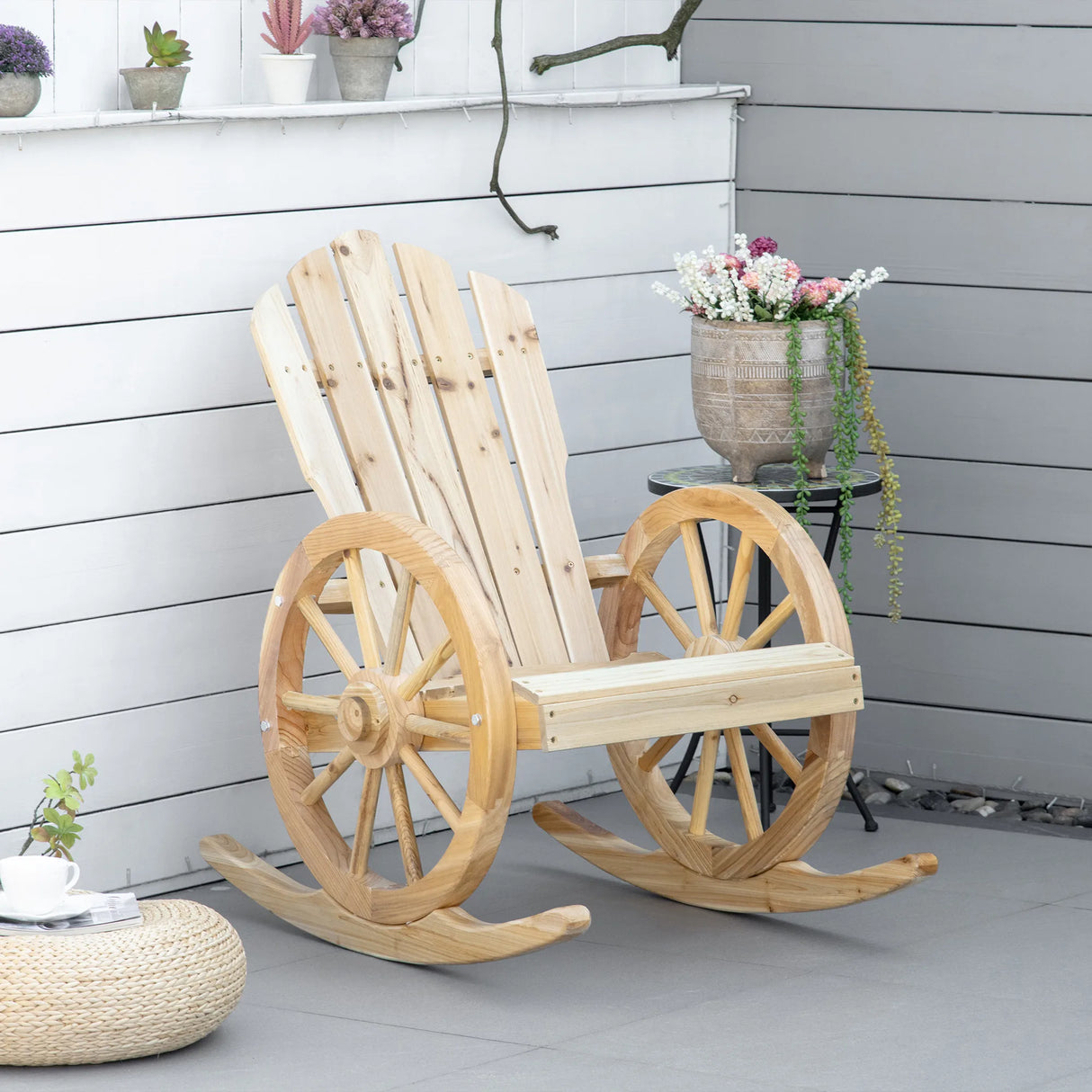 Outsunny Wooden Adirondack Rocking Chair Reclining Armchair Outdoor Garden Furniture Patio Porch Rocker - Natural