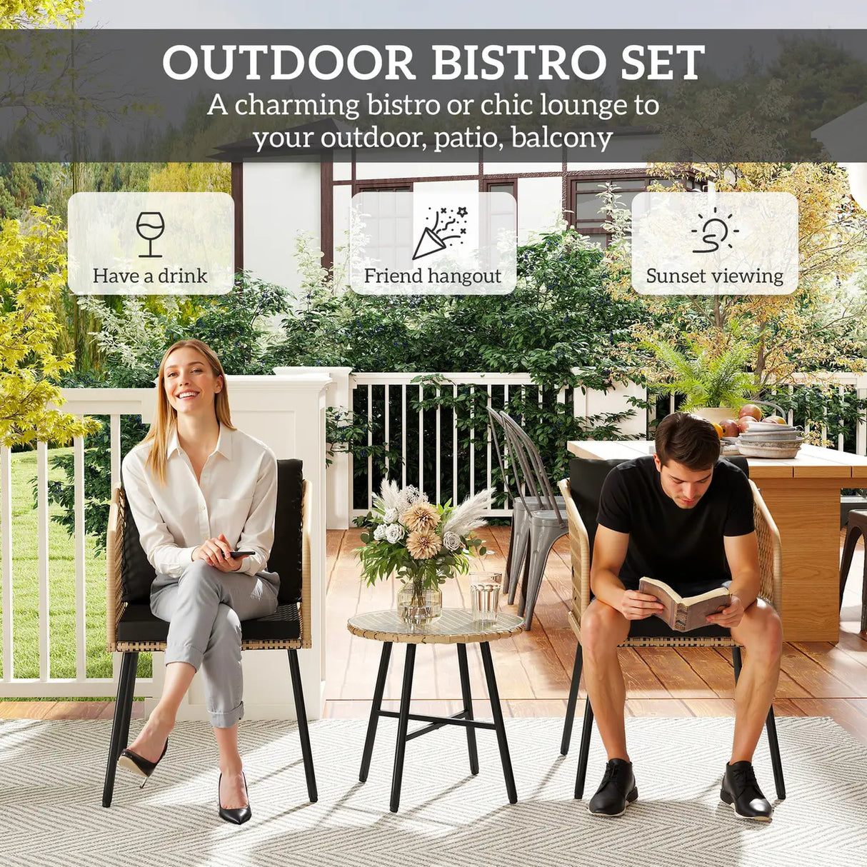 Outsunny Three-Piece Cut-Out Rattan Chair and Table Set - Brown/Black