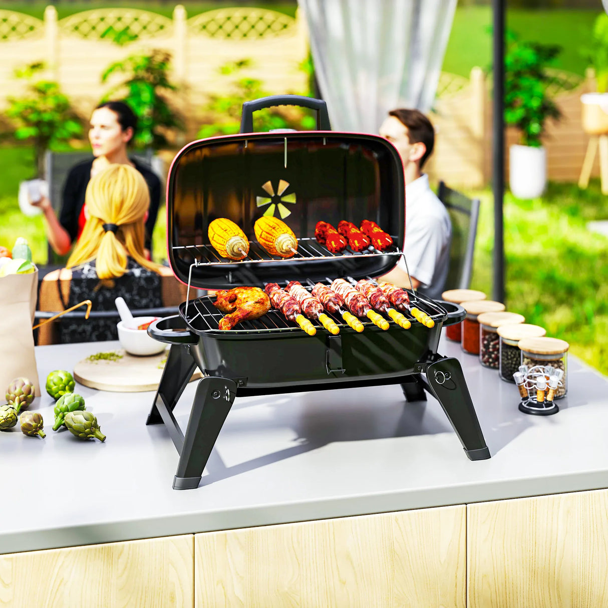 Outsunny Charcoal Barbecue Grill Folding BBQ Grill with 1232 cm2 Cooking Area, Adjustable Vent, Thermometer, Handles for Camping Picnic, Red