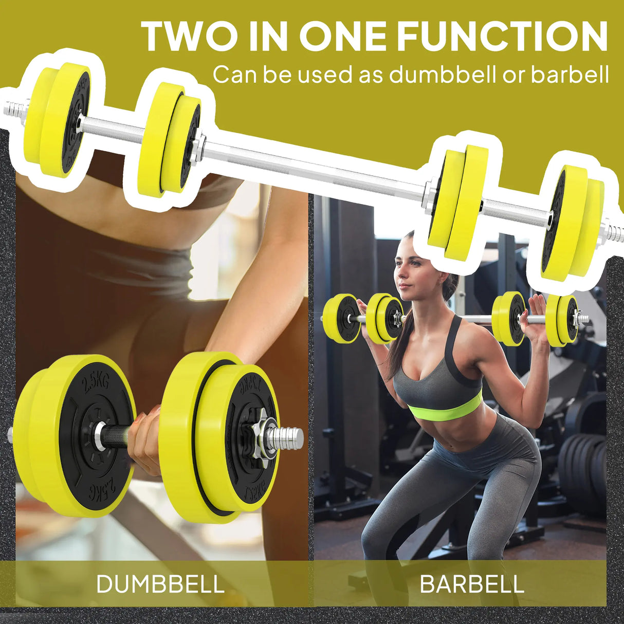 HOMCOM 20KGS 2-In-1 Dumbbell & Barbell Adjustable Set Strength Muscle Exercise Fitness Plate Bar Clamp Rod Home Gym Sports Area, Yellow
