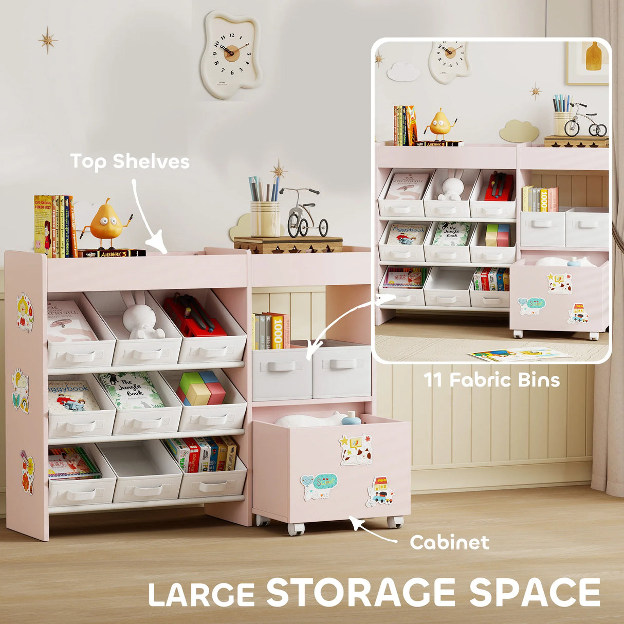 AIYAPLAY Kids Toy Storage Unit with 11 Bins, Cabinet, Top Shelves, 3 Stickers, for Nursery, Playroom, Pink