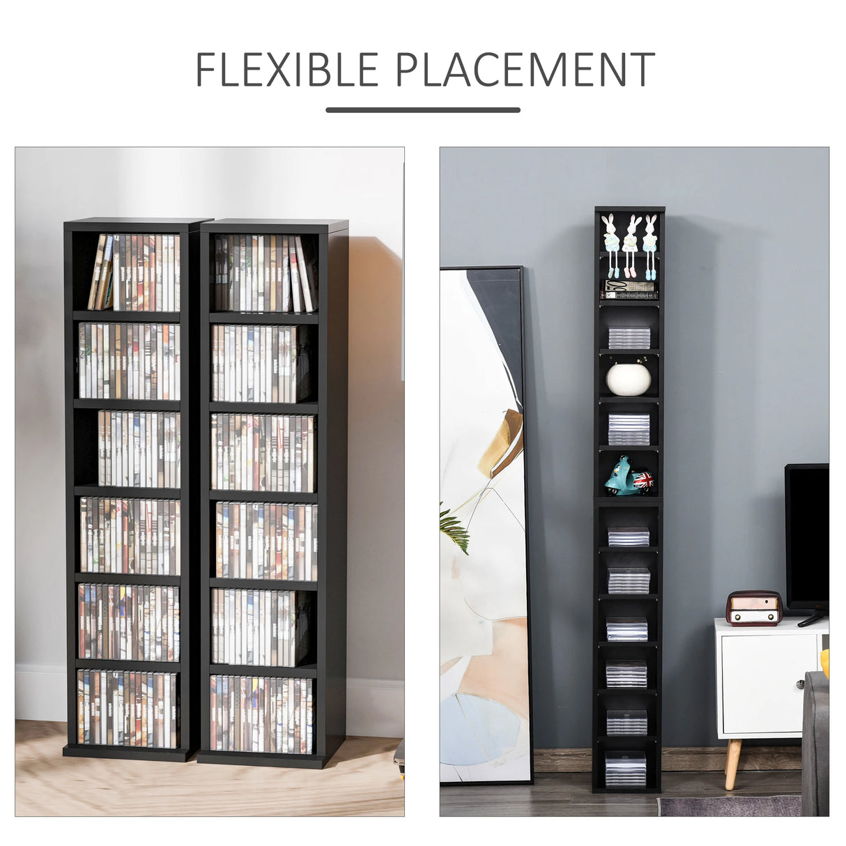 HOMCOM 204 CD Media Display Shelf Unit Set of 2 Blu-Ray Tower Rack w/ Adjustable Shelves Bookcase Storage Organiser, Black