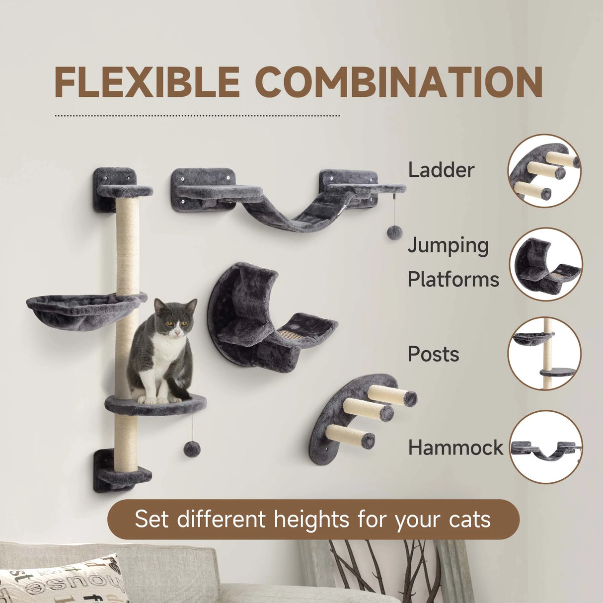 PawHut Four-Piece Cat Wall Furniture, with Hammock, Ladder, Platforms, Steps, for Indoor Use - Dark Grey