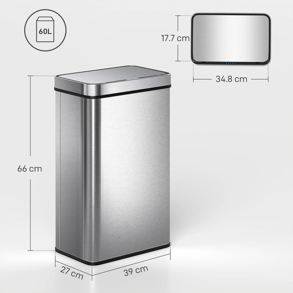 HOMCOM 60 L Sensor Can, Sensor Bin with Soft-Close Lid, Fingerprint-Proof Stainless Steel, Silver Tone