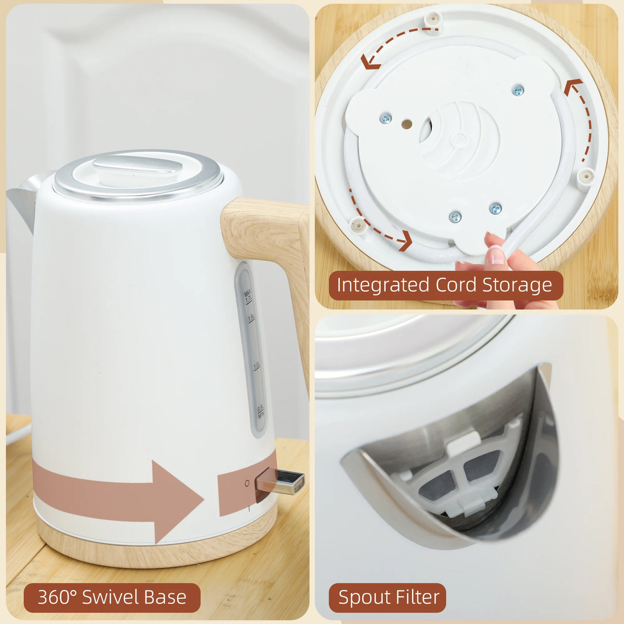 HOMCOM Stainless Steel Kettle and Toaster Set, 1.7L 3000W Fast Boil Kettle & 2 Slice Toaster Kitchen Set with 7 Level Browning Controls, Defrost, Reheat, Auto Off, Boil-dry Protection, White