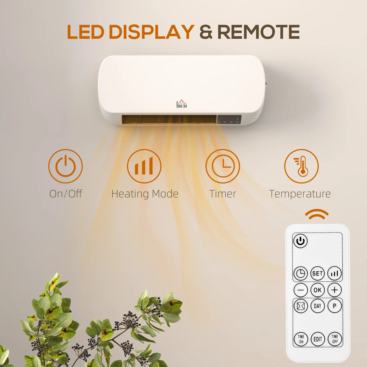 HOMCOM 2000W Wall Mounted Ceramic Space Heater, 10-49C Temperature, White