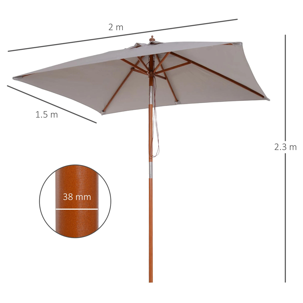 Outsunny 2m Tilting Wooden Pole Parasol - Grey