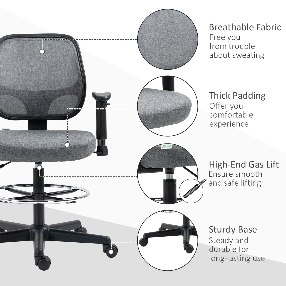 Vinsetto Drafting Chair, Fabric Office Chair, Ergonomic Painting Chair with Height Armrest Adjustable and Foot Ring, 360 Swivel Stool Chair for Standing Desk, Grey