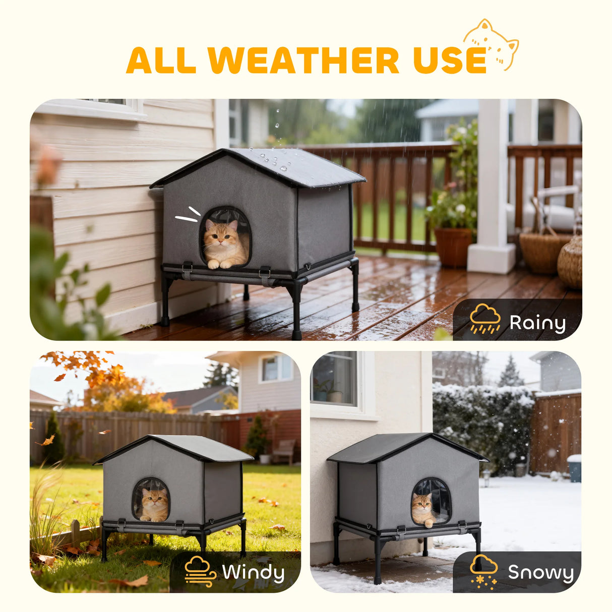 PawHut Outdoor Cat House, Waterproof Insulated Cat Kennel with Elevated Base, Foldable Feral Kitty Shelter for Kittens, Grey