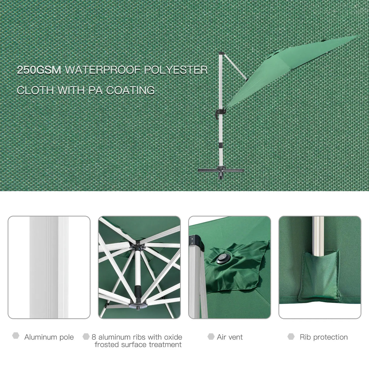 Outsunny 3 x 3(m) Cantilever Roma Parasol, Square Garden Umbrella with Cross Base, Crank Handle, Tilt, 360 Rotation and Aluminium Frame, Green