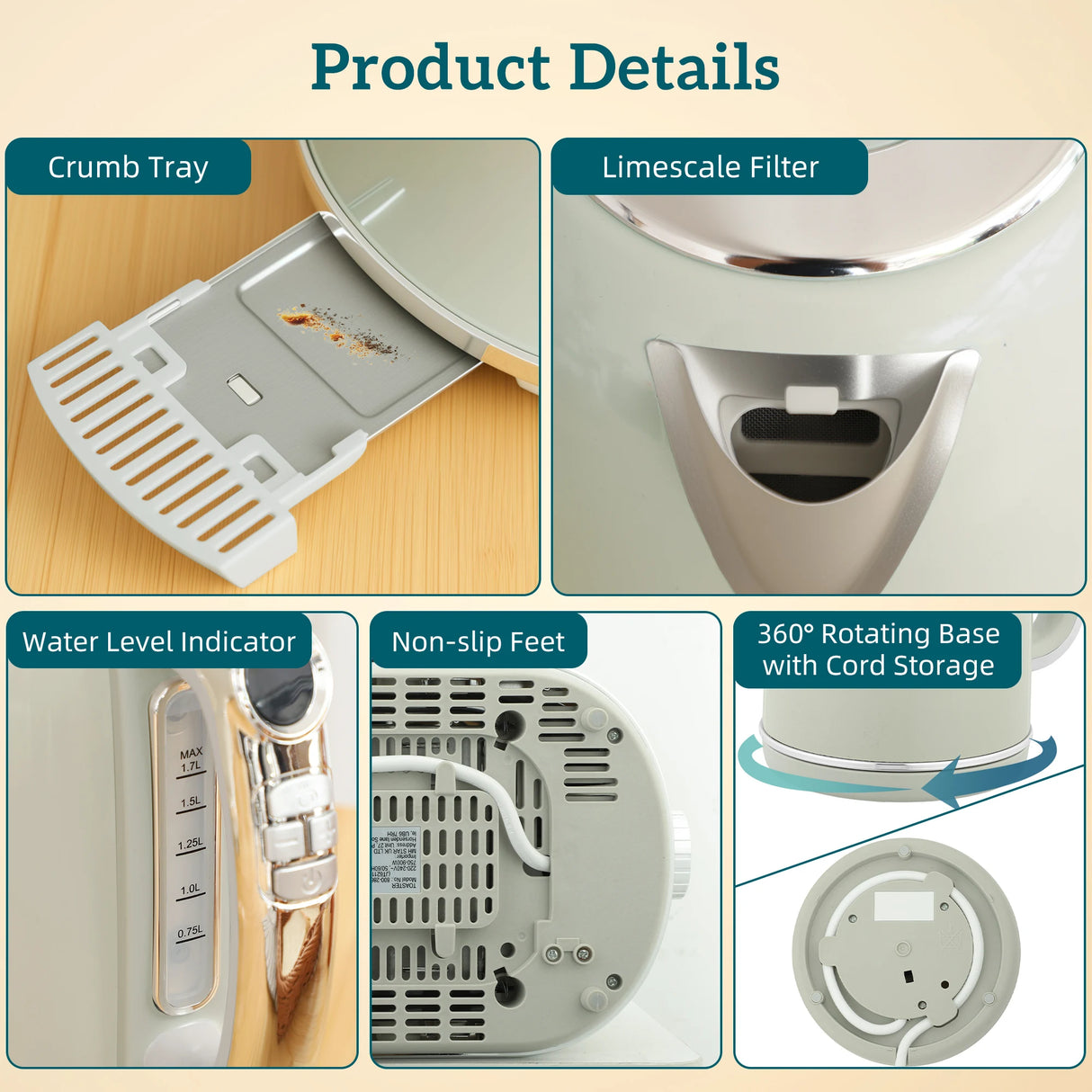 HOMCOM Polished Retro 40-100C Kettle and Toaster Set - Grey