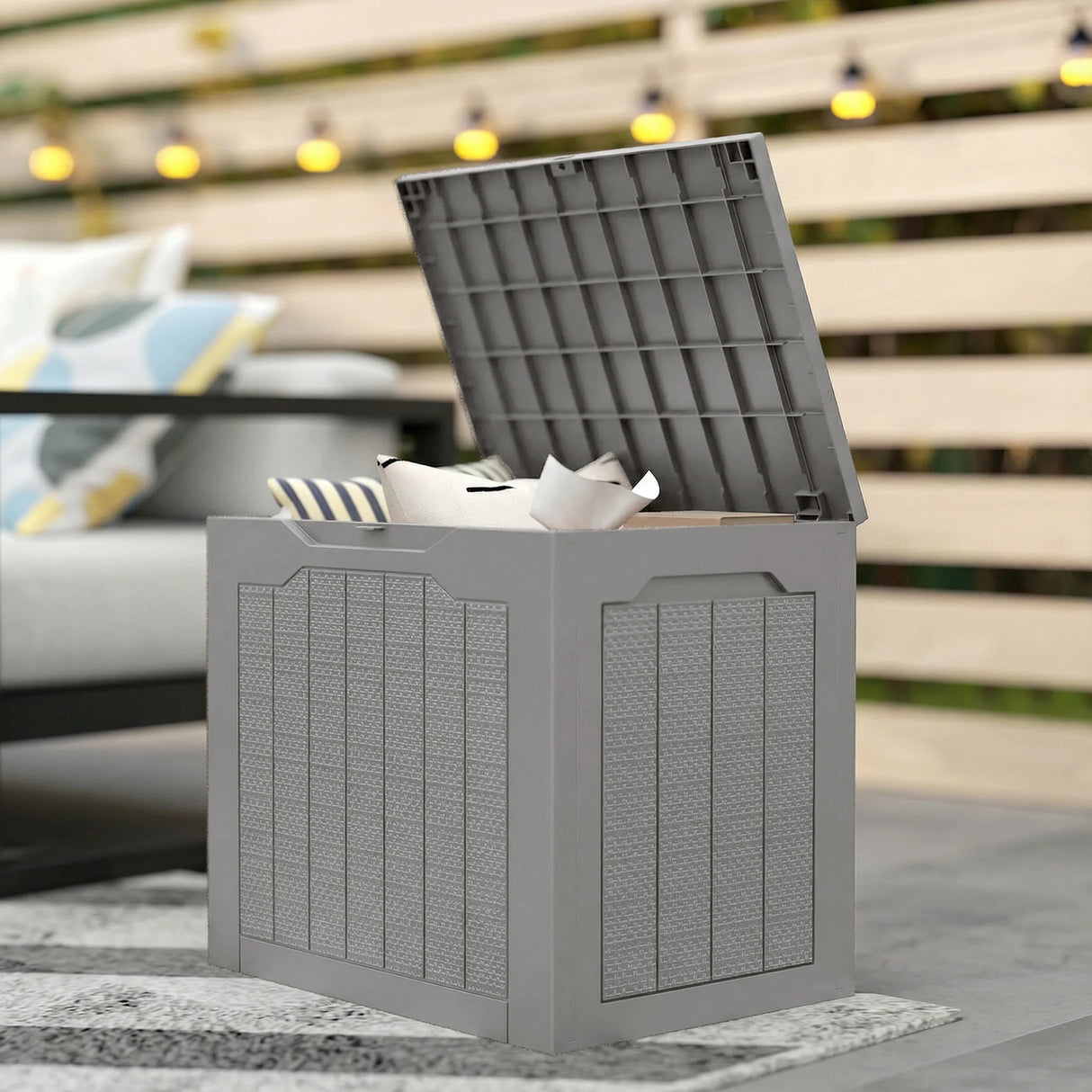 Outsunny 93L Plastic Garden Storage Box, Outdoor Storage Box with Handles, Waterproof Outdoor Storage Container, Khaki