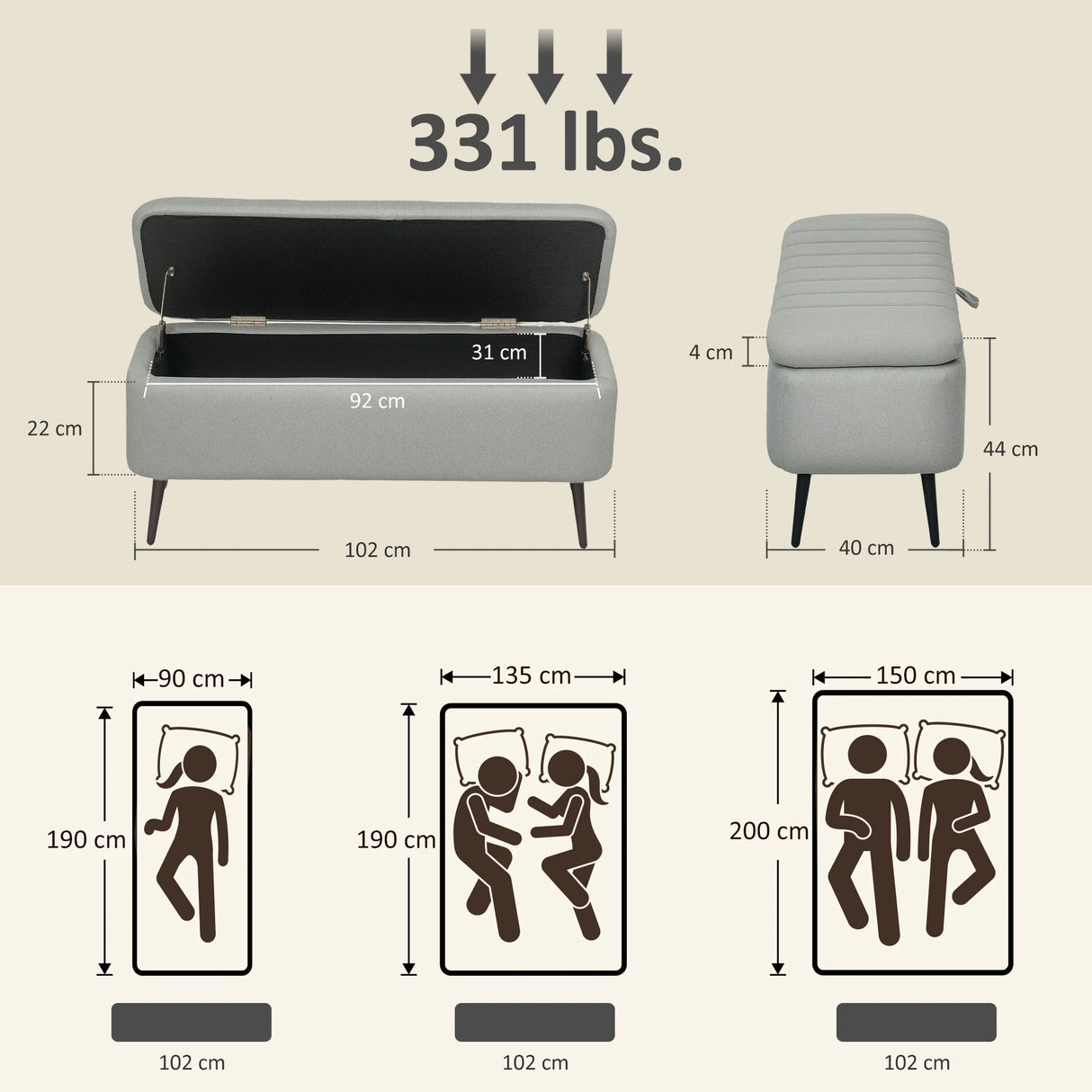 HOMCOM 92 x 31cm Linen-Look Storage Ottoman - Light Grey