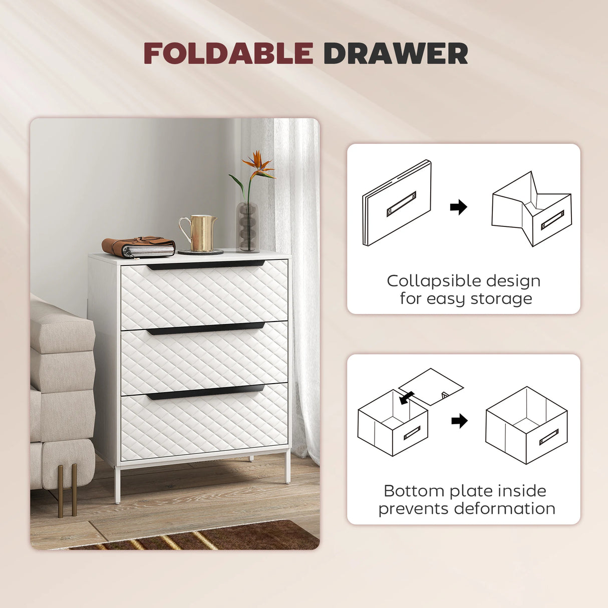 HOMCOM Chest of Drawers, Dresser with 3 Fabric Drawers and Aluminium Handles - White