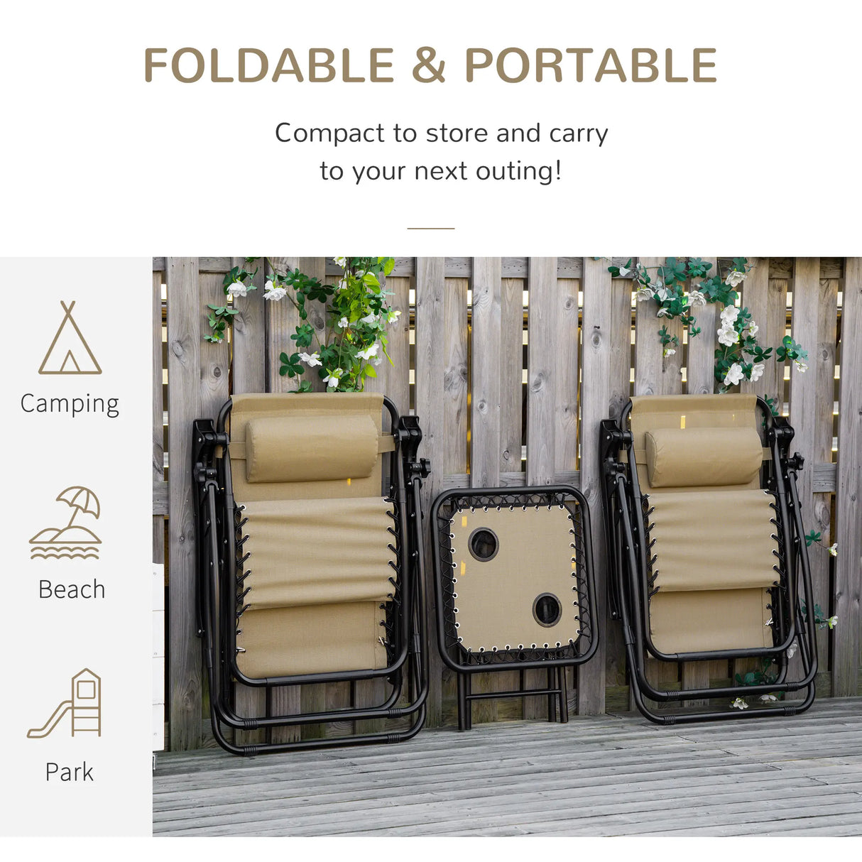 Outsunny Folding Zero Gravity Chairs, 3 Pieces Adjustable Sun Lounger and Table Set with Cup Holder and Headrest, Patio Bistro Set with Reclining Garden Chairs for Outdoor, Beige