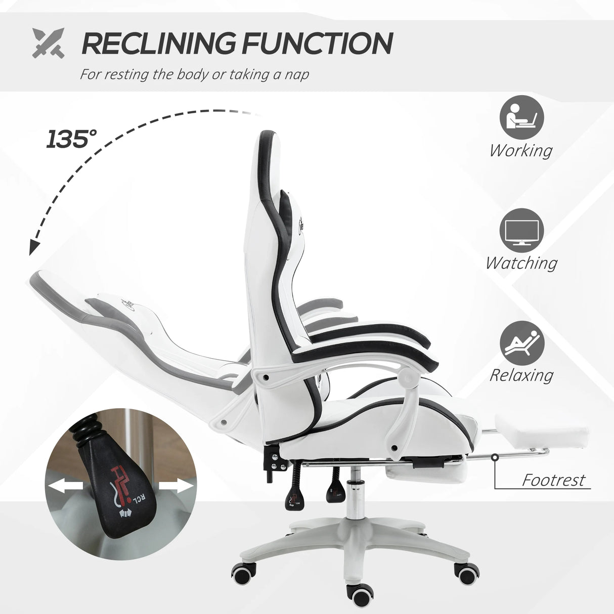 Vinsetto Computer Gaming Chair, PU Leather Office Desk Chair with Footrest, Swivel Wheels, 135 Reclining Back, Lumbar Support, Headrest for Home, White and Black