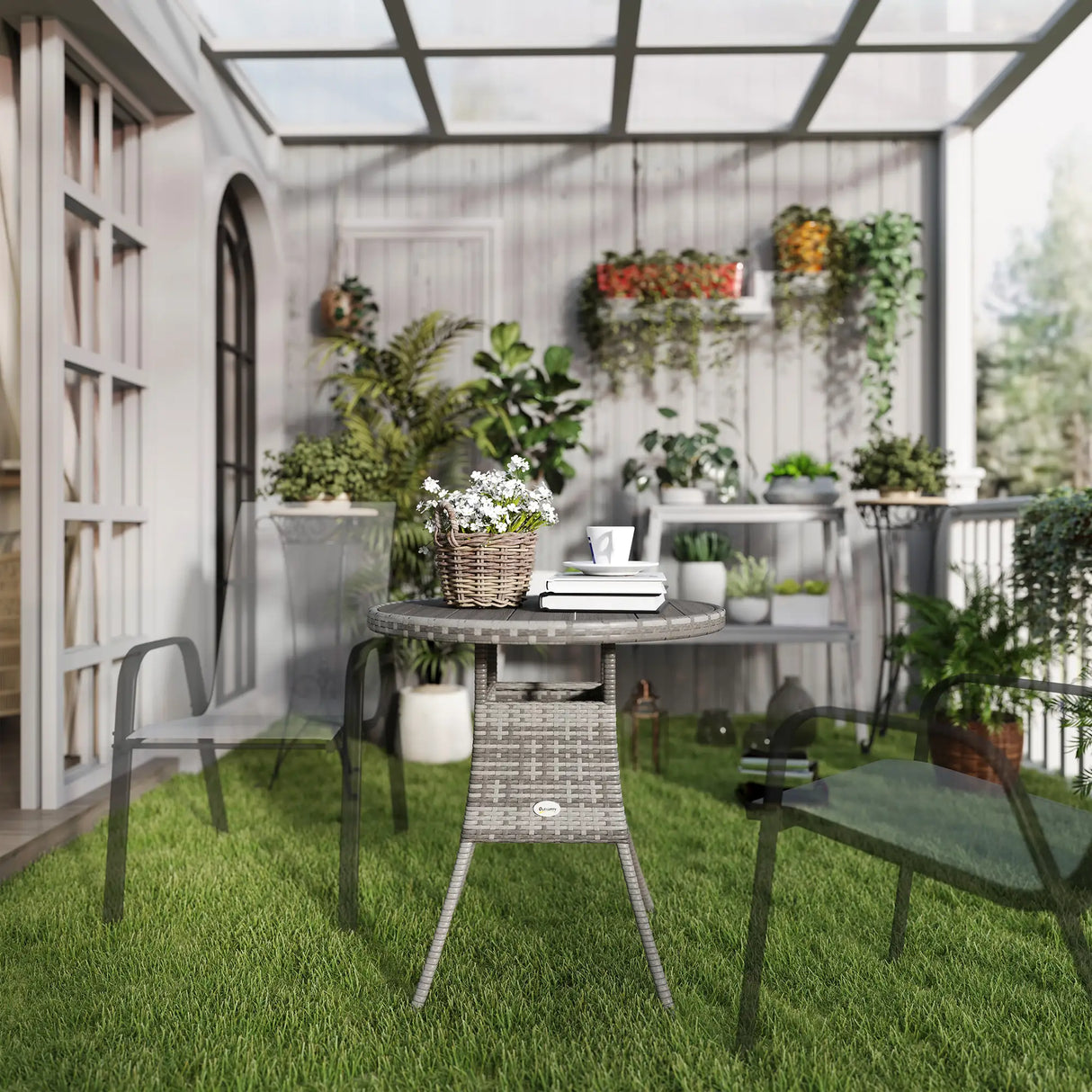 Outsunny 70 cm Wood-Effect Rattan Garden Table - Grey