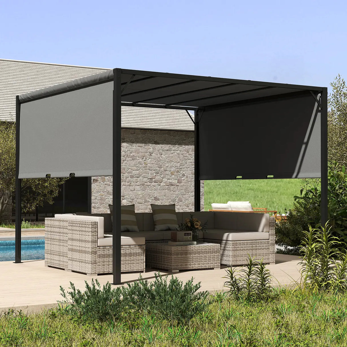 Outsunny 3 X 3 Meters Pergola with Sliding Roof, Garden Gazebo with Adjustable Sun Shade Canopy and Steel Frame, Charcoal Grey