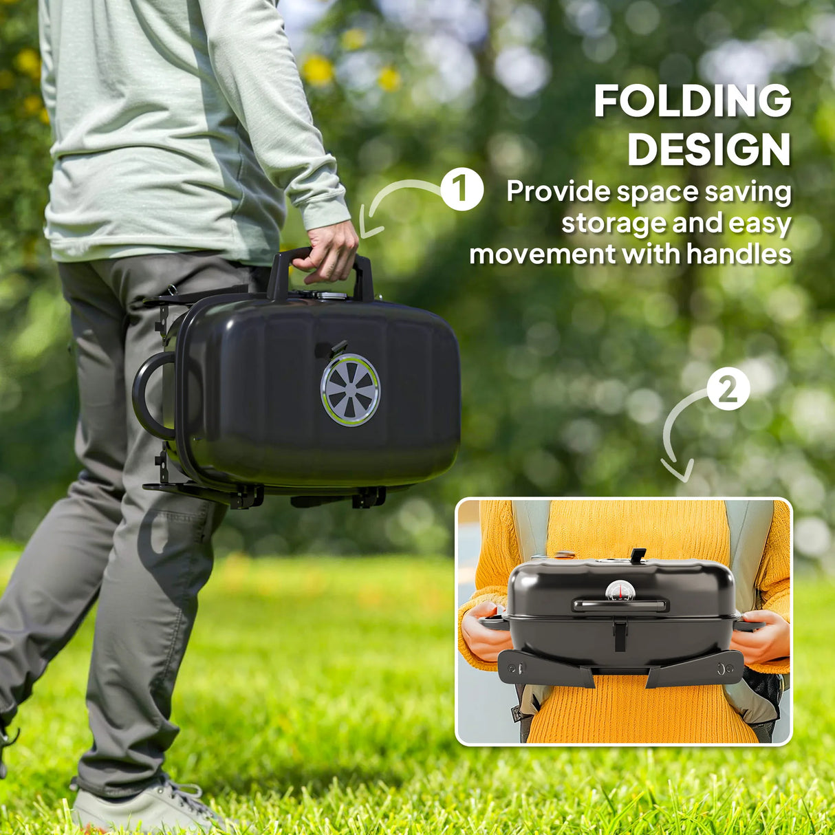 Outsunny Charcoal Barbecue Grill Folding BBQ Grill with 1232 cm2 Cooking Area, Adjustable Vent, Thermometer, Handles for Camping Picnic, Black