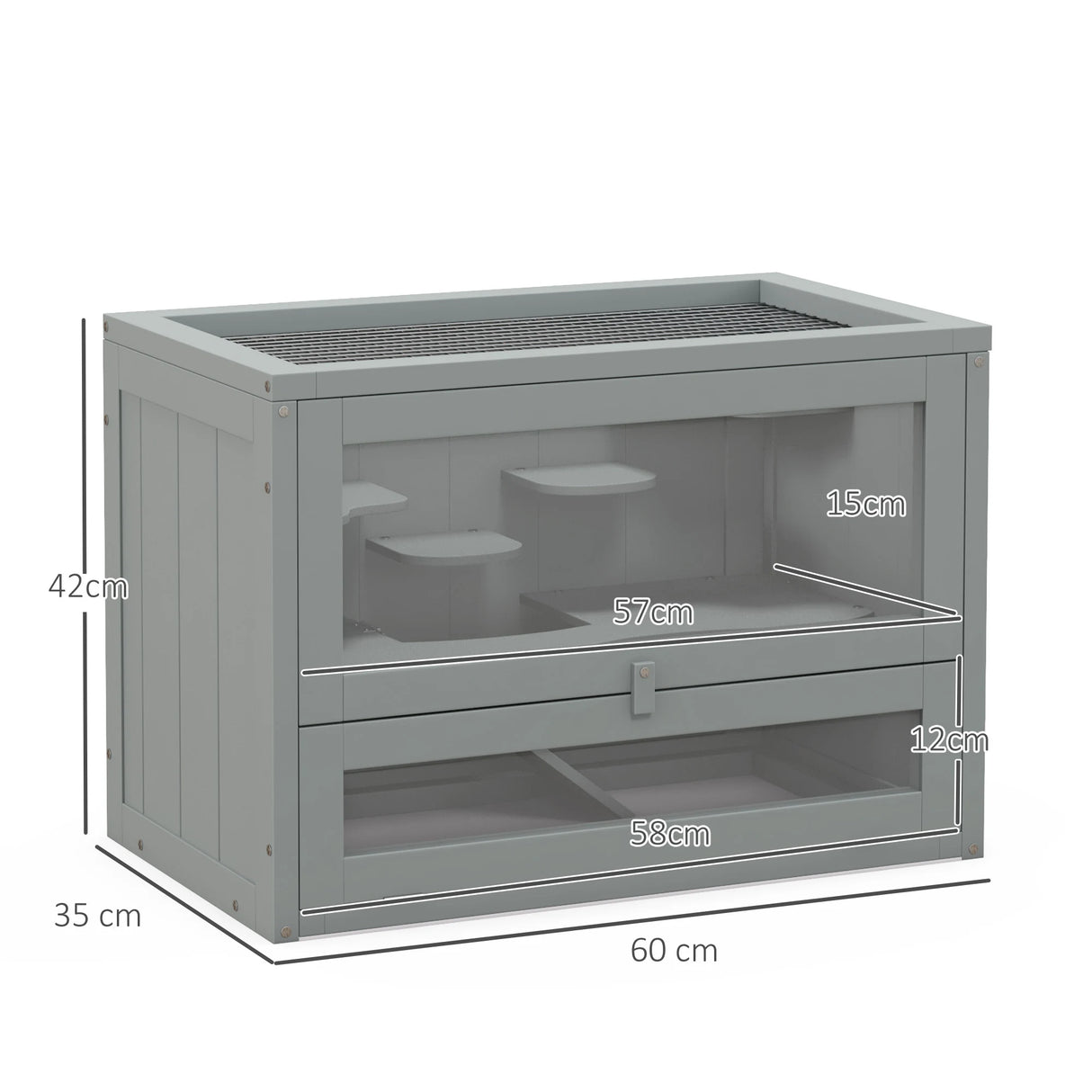 PawHut Wooden Hamster Cage Mouse Mice Rodent Small Animals Hutch Exercise Play House 60 x 35 x 42cm, Grey