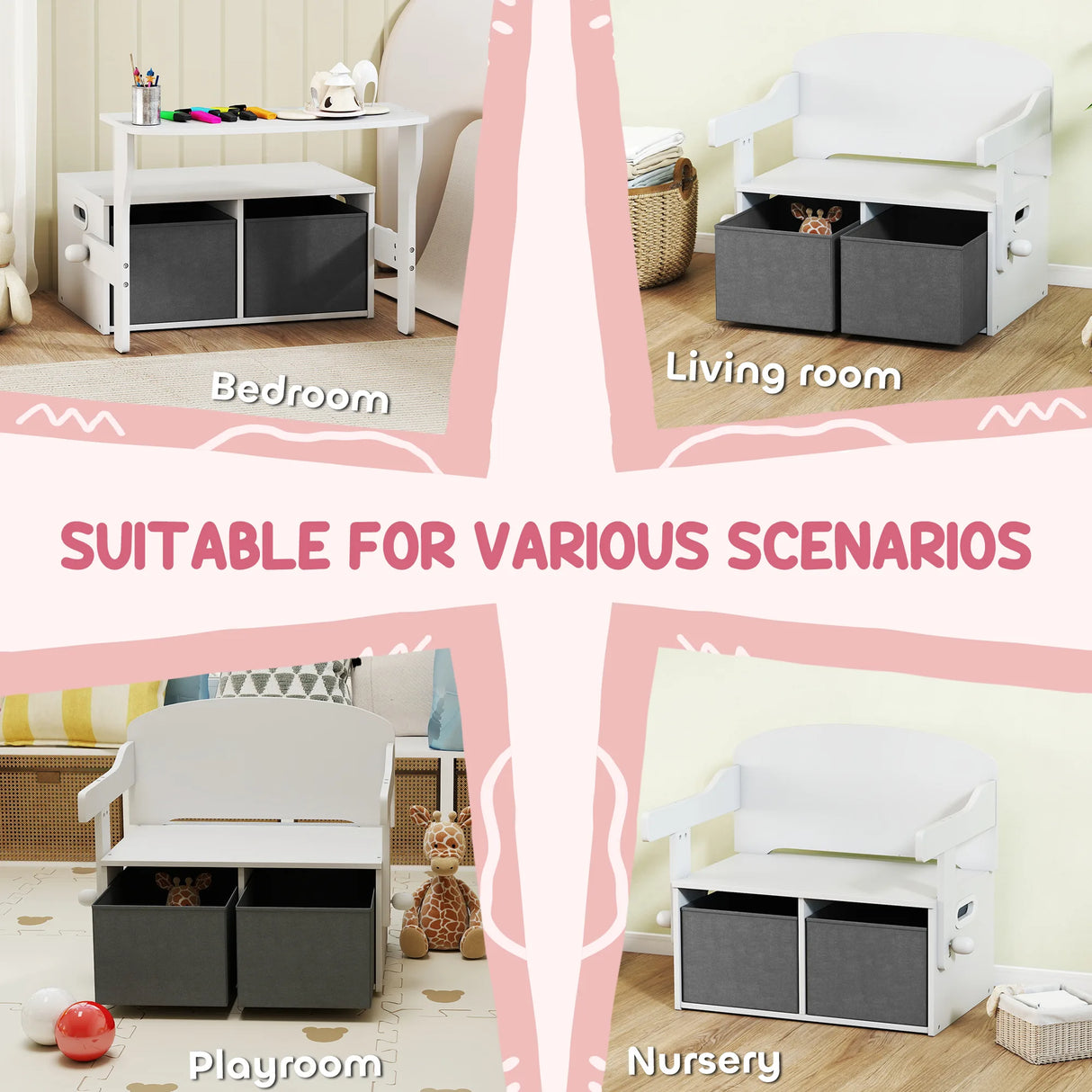 AIYAPLAY 3 in 1 Kids Storage Bench, Convertible Children Table and Chair Set with 2 Fabric Bins, Toy Storage Box, White