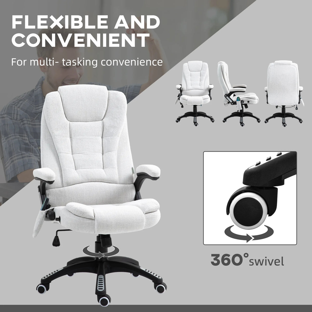 Vinsetto Massage Recliner Chair Heated Office Chair with Six Massage Points Linen-Feel Fabric 360 Swivel Wheels Cream White