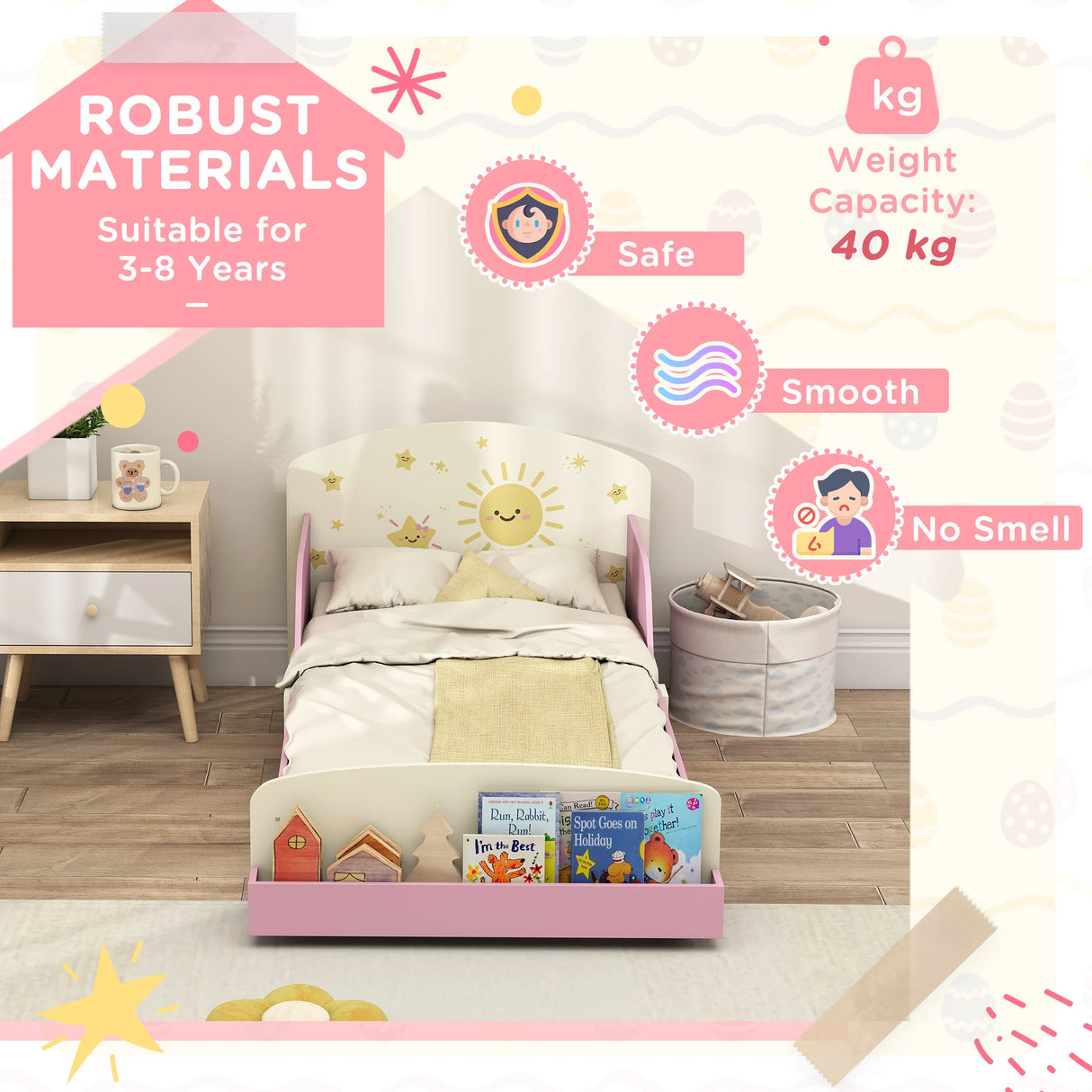 AIYAPLAY Toddler Bed with Storage, Guardrails, Sun Design, for Ages 3-8 Years, Fits 140 x 70cm Mattress,