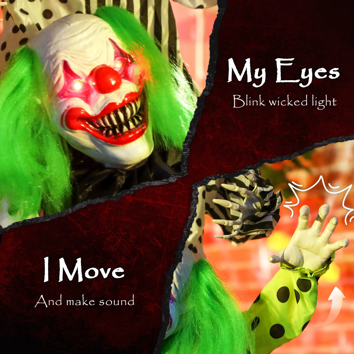 Outsunny Life Size Stackable Halloween Animated Clown with Red Light Up Eyes, Sound Activated Scary Halloween Decorations, Battery Operated, Indoor Party Props