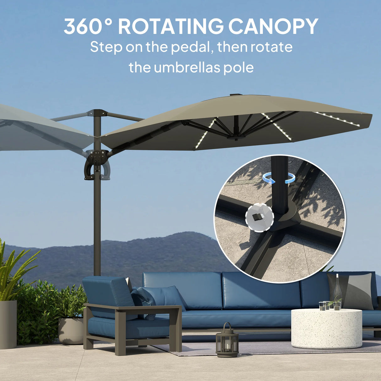 Outsunny 3(m) Cantilever Garden Parasol with Solar Powered Lights, Crank Handle & Cross Base, UPF 50+, 360 Rotation, Dark Grey