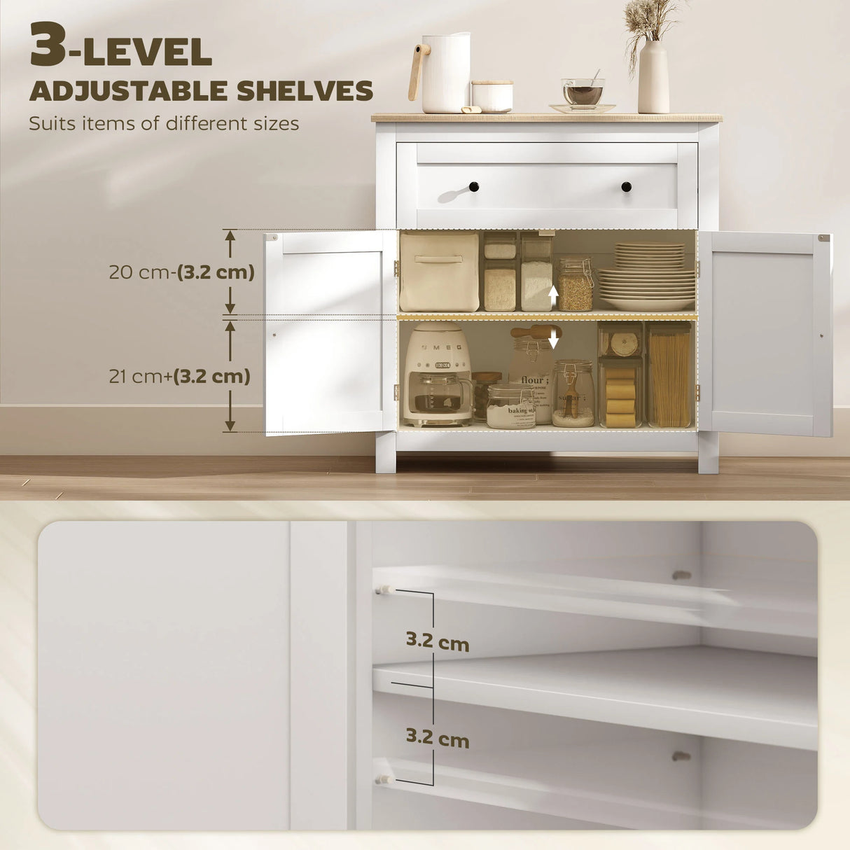 HOMCOM Sideboard Storage Cabinet, Morden Kitchen Cupboard with Adjustable Shelf, Drawer and Double Doors, Sideboard for Living Room, Dining Room, Hallway, White