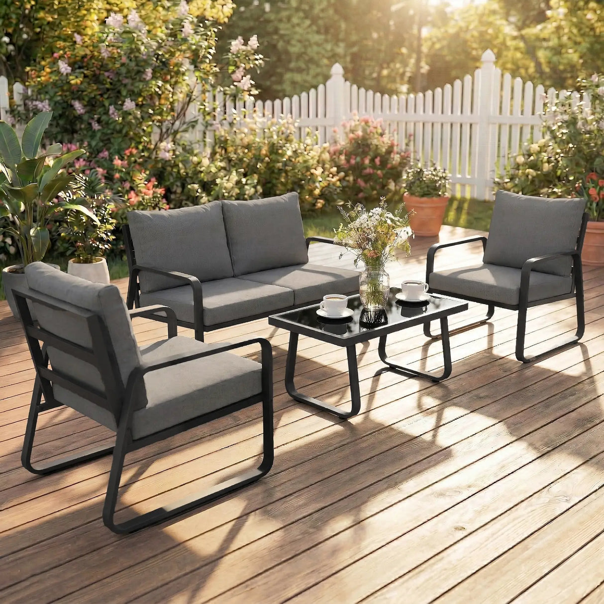 Outsunny 4 Piece Garden Furniture Set, Outdoor Sofa Set with Loveseat, 2 Armchairs, Coffee Table and Cushions