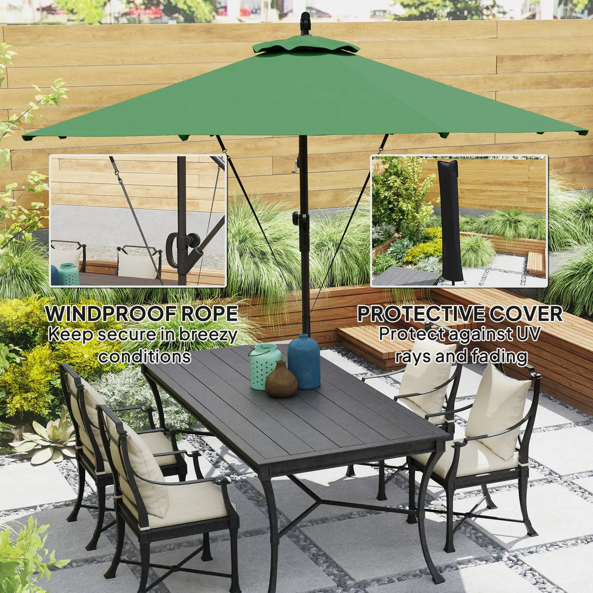 Outsunny 3(m) Garden Cantilever Parasol with Cover and Wind Protection Strap, Round Overhanging Umbrella with Crank Handle and Tilt, Banana Patio Umbrella for Outdoor Sun Shade, UPF50+, Green