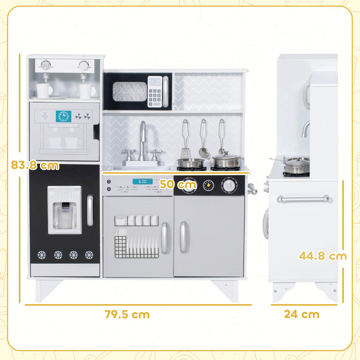 AIYAPLAY Kids Play Kitchen with Sound, Ice/Coffee Maker, Utensils, Microwave, Stainless Steel Utensils, for 3-6 Years