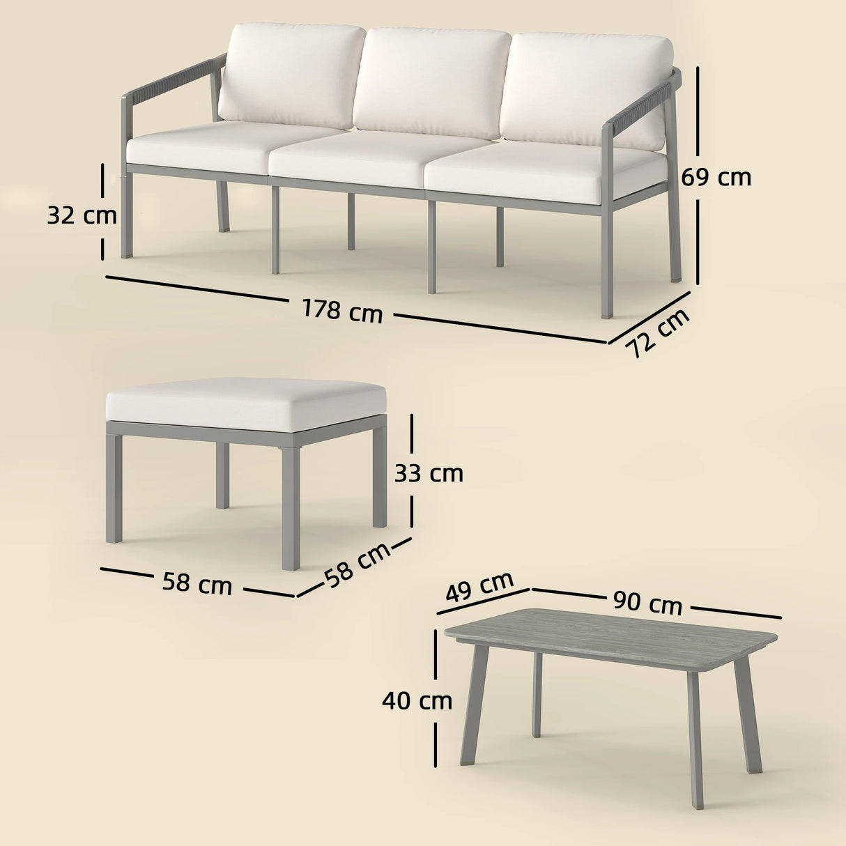 Outsunny 3 Piece Garden Dining Set, Outdoor Patio Furniture with 3 Seater Sofa, Footstool, Coffee Table and Cuhsions