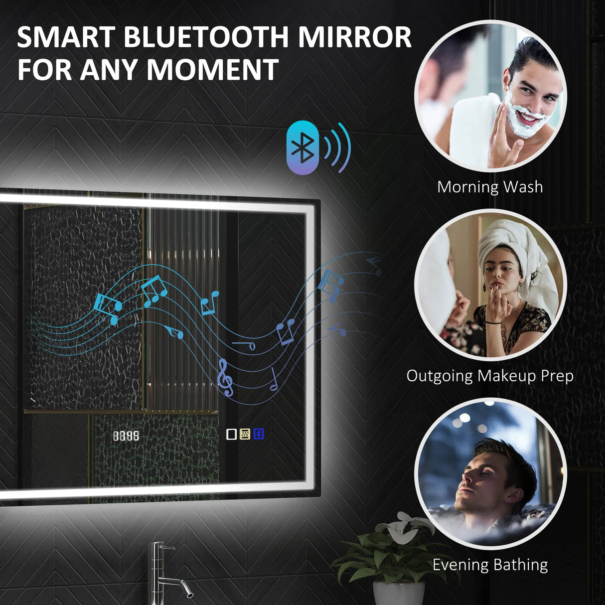 HOMCOM 60 x 80 cm Anti-Fog LED Bathroom Mirror, with Bluetooth and Clock - Silver Tone