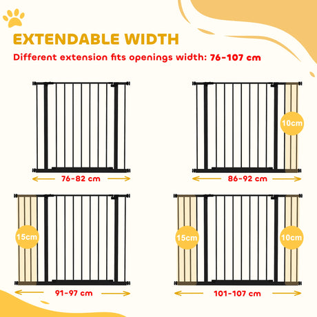 PawHut Dog Gate Pet Safety Gate Stair Barrier Pressure Fit Adjustable 76-82/86-97/101-107 cm, Black