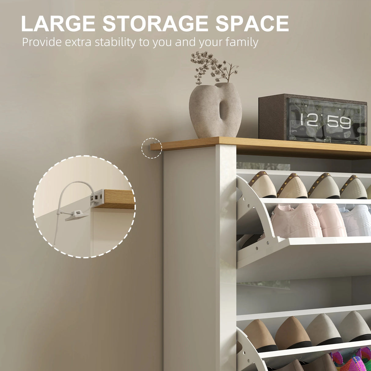 HOMCOM Slim Shoe Cabinet, Narrow Shoe Cupboard with 2 Flip Drawers, Adjustable Shelves for 12 Pairs of Shoes, High Gloss White