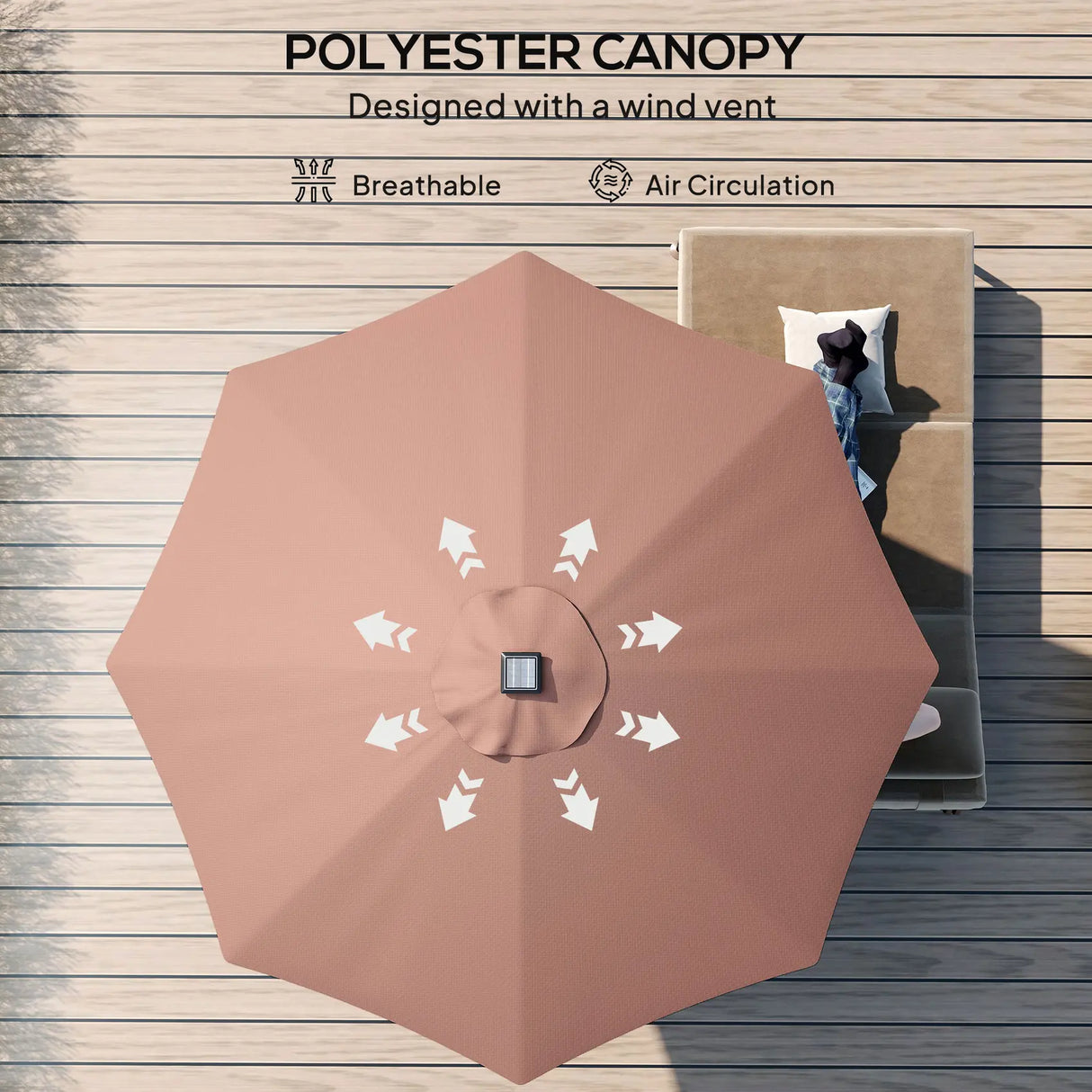 Outsunny 2.7m Garden 24 LED Light Parasol Solar Outdoor Tilt Sun Umbrella Patio Club Party Event Manual Sun Shade w/ Hand Crank and 8 Ribs, Brown