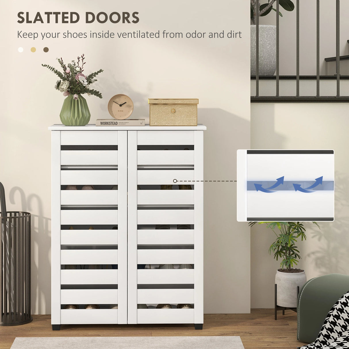 HOMCOM Narrow Shoe Cabinet for Entryway, 5-Tier Slim Shoe Storage Cabinet with 2 Slatted Doors and Adjustable Shelves