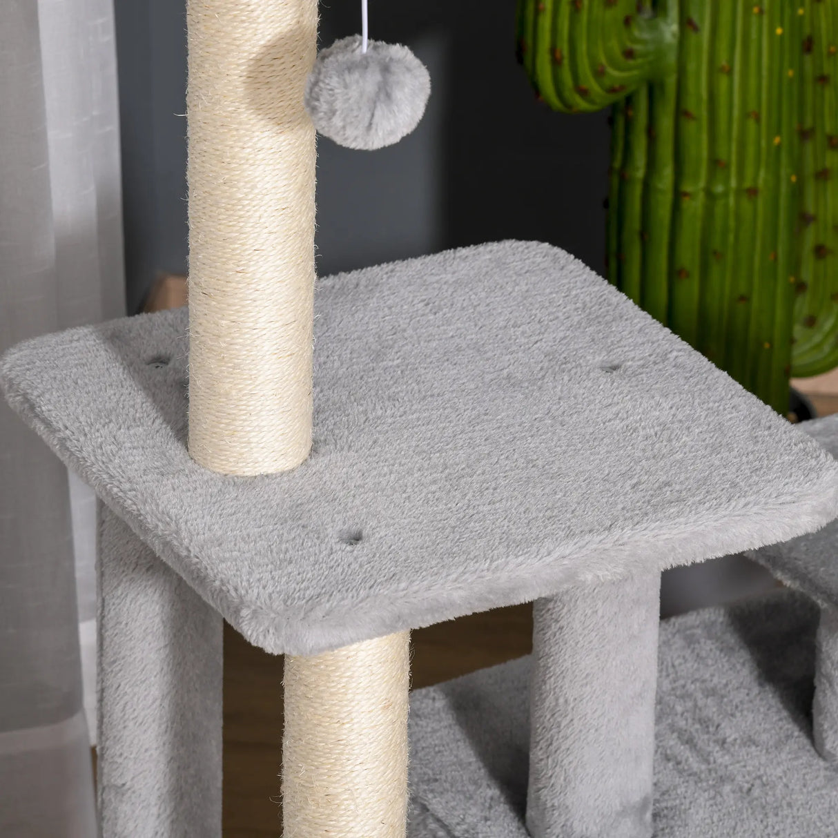 PawHut Cat Tree Tower for Indoor Cats 114cm Climbing Activity Centre Kitten with Sisal Scratching Post Perch Hanging Ball Condo Toy Light Grey